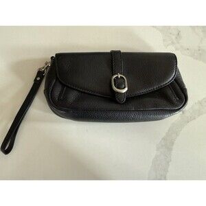 Talbots Genuine Leather Wristlet Clutch Wallet Front Flap Buckle Snap Black